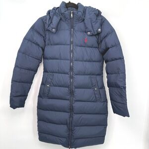 Polo Ralph Lauren Down Puffer Long Coat Womens XS Blue Hooded Quilted Parka